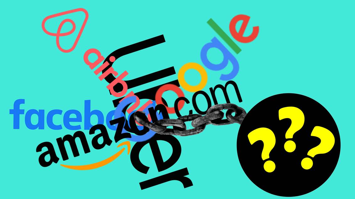 Logos von Google, Uber, Amazon, Facebook, Airbnb an einer Kette mit Kugel. Fragezeichen auf der Kugel.