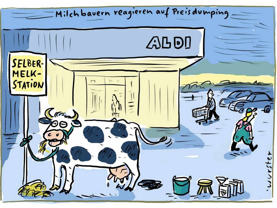 Karrikatur „Selbermelkstation“ von Miriam Wurster - Kuh steht vor ALDI-Kaufhalle, daneben Eimer, Trichter, Milchtüten und die Kunden sollen selbst die Kuh melken. und Kunden