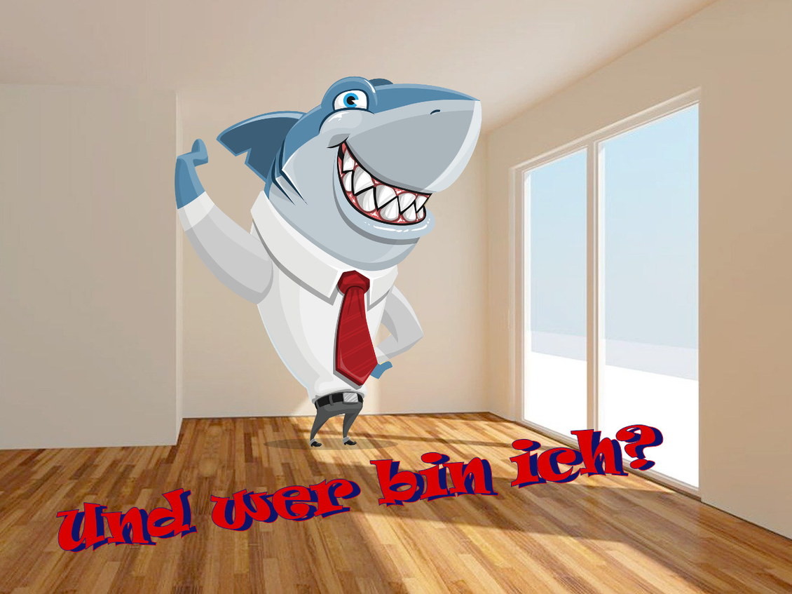 Grafik eines Hais mit Schlips in einem hellen Zimmer und die Frage: „Wer bin ich?“