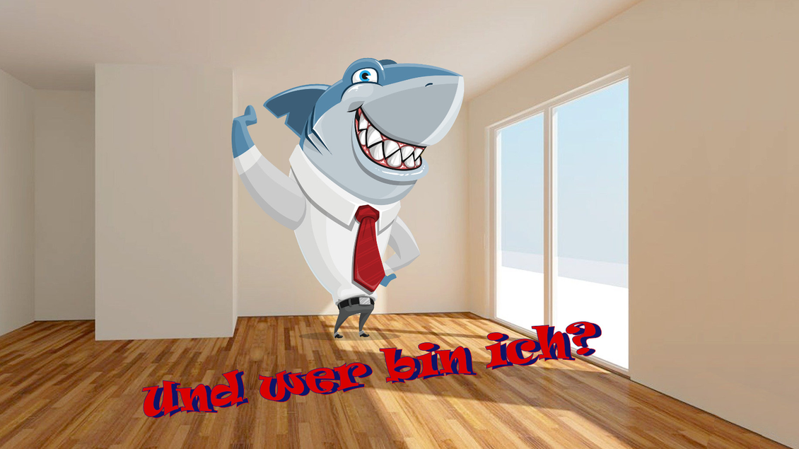 Grafik eines Hais mit Schlips in einem hellen Zimmer und die Frage: „Wer bin ich?“